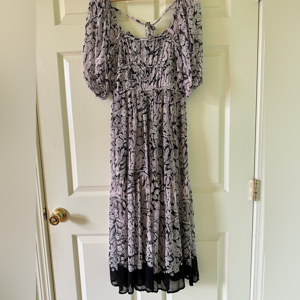 👗🌟Anthropologie Square Neck Smocked Midi Dress Boho Floral Black White XS 0 2 - Picture 11 of 12